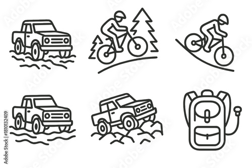 Off-Road Adventure Icons. Line style icons of off-road adventures: muddy trail, forest bike jump, downhill slope, water crossing,