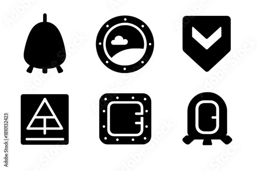 High-Altitude Capsule Icons. Solid style icons of high-altitude drop capsules: sealed pod glyph, window view icon, ejection badge.