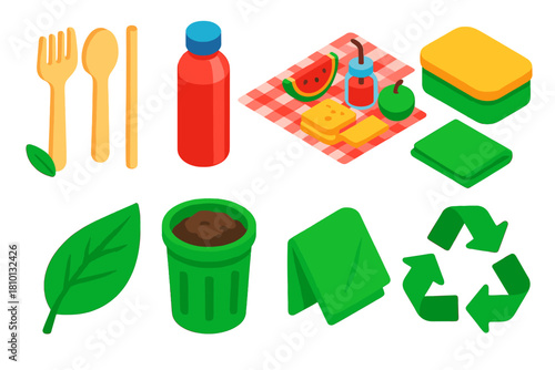 Eco-Friendly Picnic Essentials. Isometric vector illustration set Ethical shopping – biodegradable cutlery set, bamboo straw,
