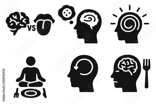 Mindful Eating Icons. Solid style icons of mind-over-mouth challenges: brain vs tongue icon, thought-controlled snack,