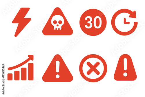 Long Exposure Warning Icons. Solid style icons of long exposure warning symbols: red flash glyph, skull triangle icon, max limit
