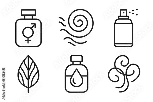Unisex Fragrance Icons. Line style icons of unisex fragrance design: shared perfume bottle, scent swirl icon, earth-tone spray can