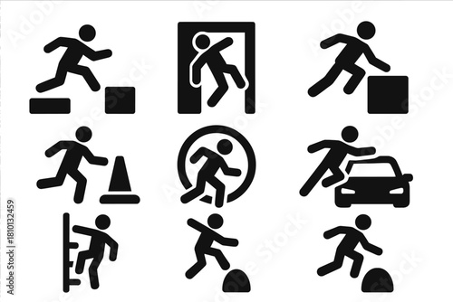 Obstacle Icons Collection. Solid style icons of obstacle variations: rooftop gap symbol, moving door jump icon, mirror vault panel