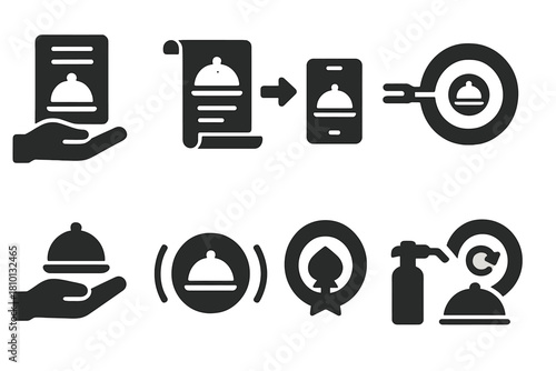 Food Legacy Icons. Solid style icons of food legacy transfer: recipe hand-off icon, scroll to screen transition, flavor relay fork