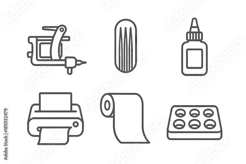 Tattoo Tool Icons. Line style icons of tools for tattoo cover-ups: rotary tattoo machine, shading needles icon, black ink bottle,