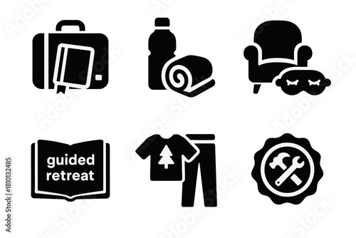 Retreat Essentials Icons. Solid style icons of retreat essentials: travel bag with journal, water bottle + blanket icon,