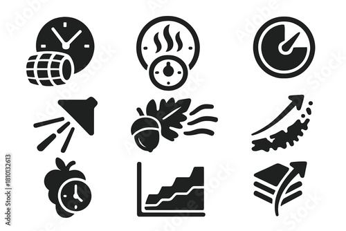 Time-Infused Flavor Icons. Solid style icons of time-flavor infusion: second-based oak marker, hourly aroma scale,