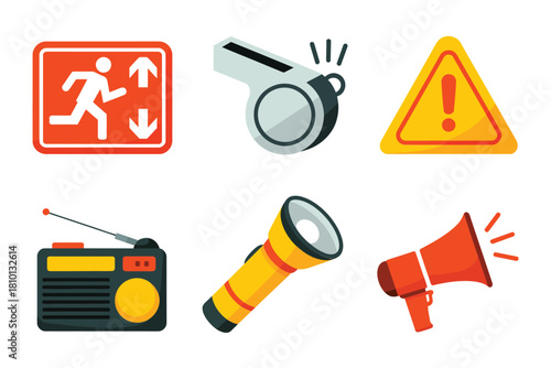 Emergency communication pack, red exit sign, metallic whistle, warning triangle, portable radio, yellow flashlight, public address megaphone