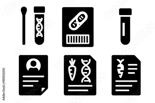 Genomic Testing Icons. Solid style icons of dietary genomics testing kits: swab + DNA tube, nutrition test box, report form icon.