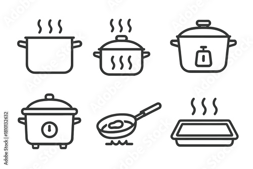 Cooking Method Icons. Line style icons of cooking methods: boiling pot, steaming lid, pressure cooker icon, slow cooker dial, pan