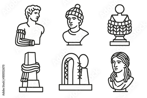 Sculpture Yarn Fusion. Line style icons of sculpture and yarn fusion: statue sweater sleeve, bust with knit hat, metal figure cozy