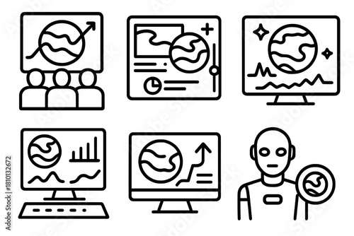 Terraforming Control Icons. Line style icons of terraforming control centers: mission control room, simulation interface screen,