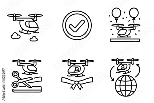 Flying Taxi Milestones Icons. Line style icons of flying taxi milestones: first successful flight, license approval stamp, launch
