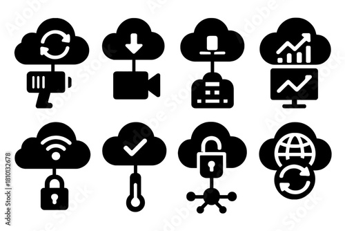 Cloud-Linked Hyperspectral Icons. Solid style icons of cloud-linked hyperspectral systems: cloud-sync scan data, real-time stream