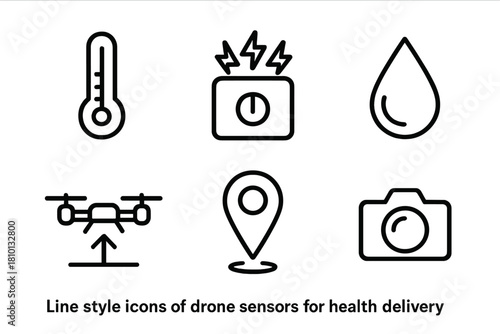 Drone Sensor Icons. Line style icons of drone sensors for health delivery: temperature monitor, shock detector, humidity sensor,