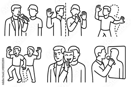 Performer Avatar Fusion. Line style icons of performer + avatar fusion: real singer and hologram double, split body illusion,