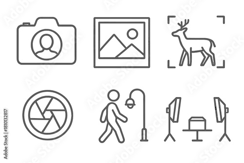 Photography Icon Set. Line style icons of types of photography: portrait camera icon, landscape shot frame, wildlife photo view,