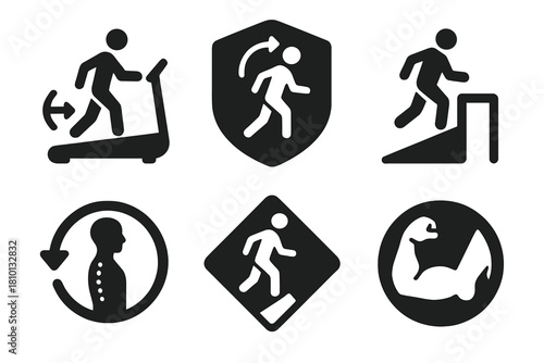 Backward Motion Icons. Solid style icons of backward motion training: reverse treadmill icon, movement drill badge, obstacle
