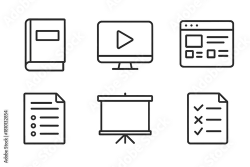 OER Content Icons. Line style icons of OER content types: textbook PDF icon, video tutorial screen, open course module, lesson