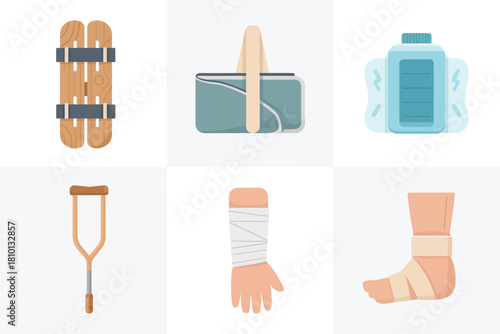 First aid equipment grid, stretcher, shoulder sling, cold pack bottle, crutch support, hand wrap, ankle bandage, emergency vector