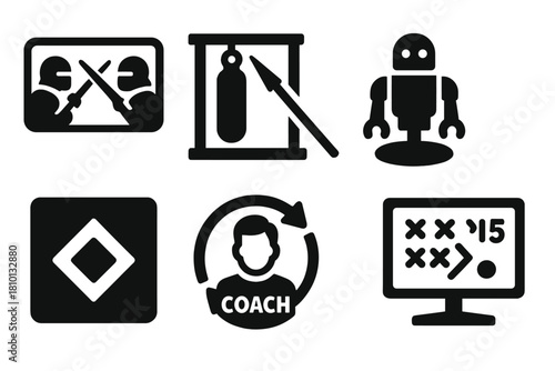 Training Icons Collection. Solid style icons of training sessions and simulations: virtual duel icon, sandbag lance panel,