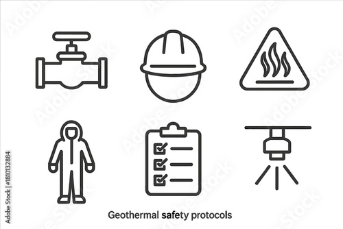 Geothermal Safety Icons. Line style icons of geothermal safety protocols: emergency shutoff valve, safety helmet icon, steam