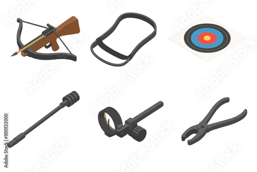 Archery Equipment Isometric. Isometric vector illustration set Archery gear: crossbow with loaded bolt, bow stringer tool, target