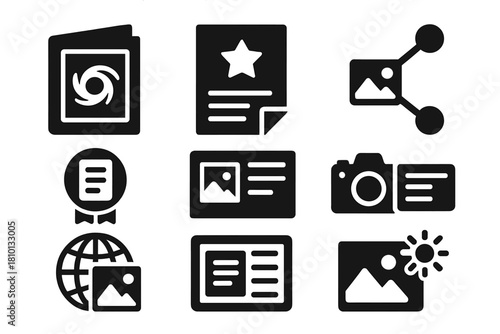 Press Visual Icons. Solid style icons of press and publication visuals: magazine with black hole image, front-page reveal slab,