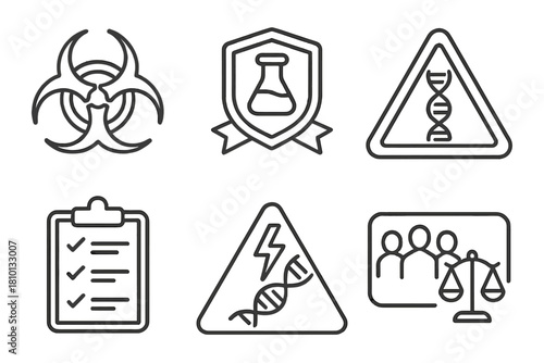 Biosafety and Ethics Icons. Line style icons of biosafety and ethics: biohazard warning icon, containment protocol badge, gene