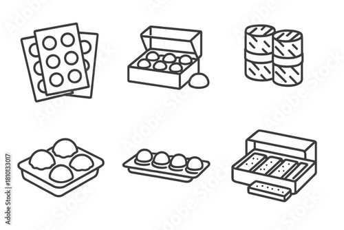 Edible Kit Icons. Line style icons of edible trial kits: flavor sampler sheets, sugar dome capsule kit, seaweed wrap bundle,