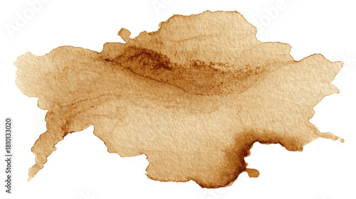 Coffee stain watercolor blot with abstract brown liquid splash on transparent background creating an organic grunge texture and vintage coffee art effect,png