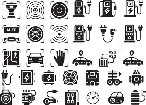 Electric vehicle icon set. Containing ev charging stations, battery levels, wireless chargers, green energy plugs, electric cars, eco transport, dashboard indicators, power supply and more