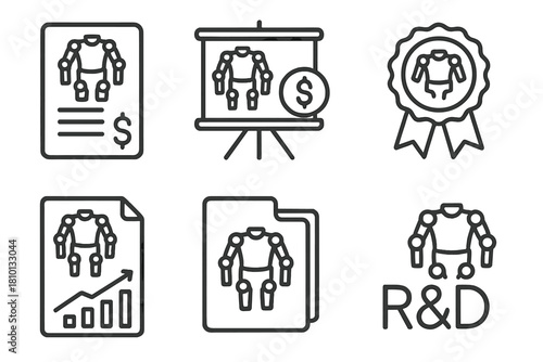 Exosuit Research Icons. Line style icons of exosuit research and funding: grant document icon, funding pitch board, innovation