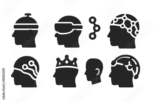Wearable Telepathy Icons. Solid style icons of wearable telepathy devices: psychic headband, neural sync visor, cranial interface