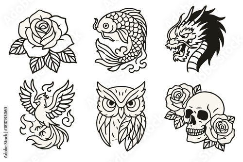 Line Style Tattoo Icons. Line style icons of popular cover-up motifs: blooming rose overlay, koi fish swirl, dragon with shadow