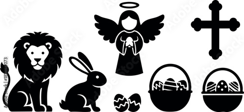Religious easter symbols cross angel lion rabbit eggs basket black silhouette vector illustration
