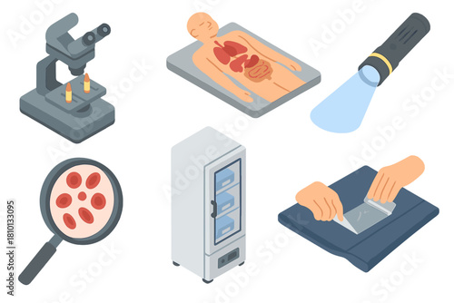 Forensic Science Tools. Isometric vector illustration set Forensic science: bullet cartridge comparison tool, autopsy diagram with