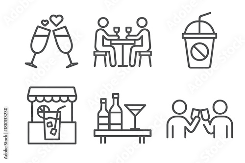 Event Icons Collection. Line style icons of event use: wedding toast icon, workplace drink hour, alcohol-free festival cup,