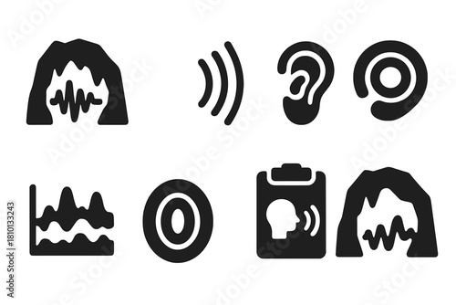 Cave Sound Icons. Solid style icons of acoustic cave experiences: sound wave in cavern glyph, echo icon, listen badge. Reverb ring