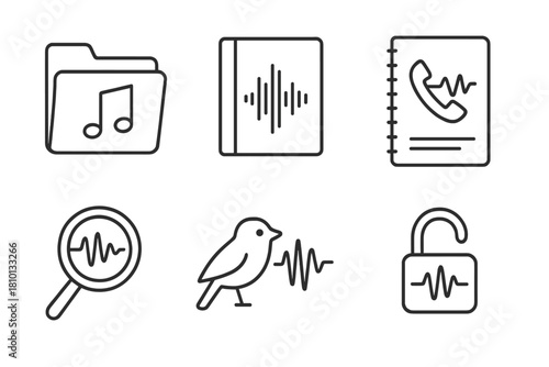 Acoustic Archive Icons. Line style icons of acoustic archives and databases: sound file folder, spectrogram library icon, archived