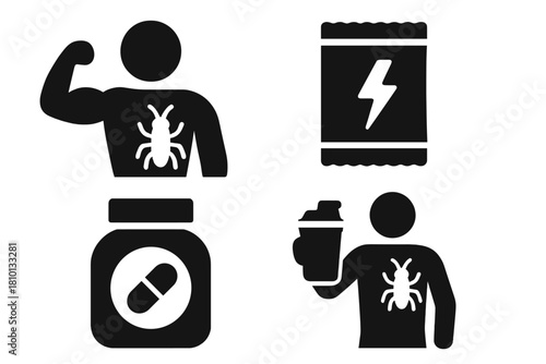 Insect-Powered Fitness Icons. Solid style icons of high-performance food: muscle + bug icon, energy boost bar, endurance