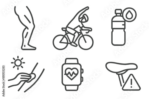 Fitness Line Icons. Line style icons of physical fitness and health: leg muscles icon, stretching cyclist, hydration reminder,