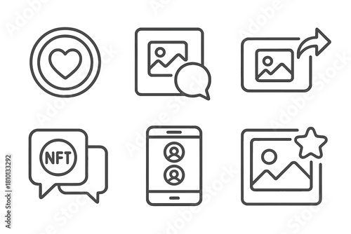 Social NFT Icons. Line style icons of social interaction in photo NFTs: like icon on token, comment bubble on photo, share photo