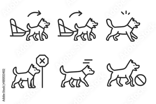 Sled Dog Commands Icons. Line style icons of popular sled dog commands illustrated: "Gee" turning right, "Haw" turning left, "Hike