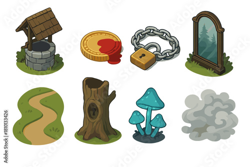 Urban Legends Icons. Isometric vector illustration set of Urban legends: whispering well, coin with blood spot, chain with lock.