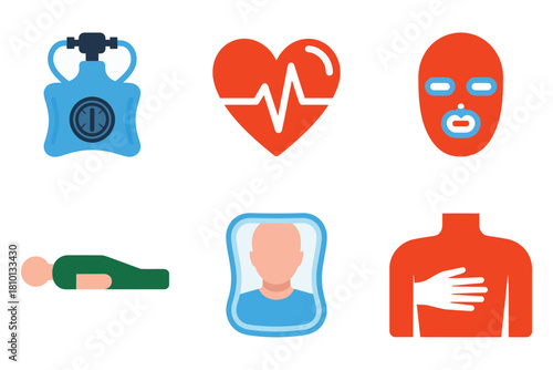 First aid training icons set, hot water bag, heart monitor, mask, recovery position, CPR steps, chest pain vector