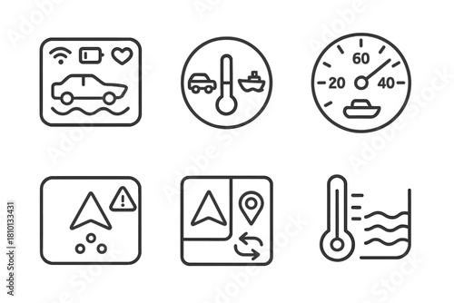 Amphibious Car Icons. Line style icons of amphibious car user interface: vehicle status panel, land/water mode selector, dual-mode