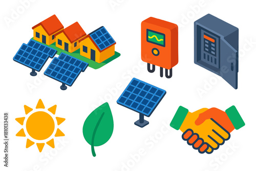 Solar Energy Icons. Isometric vector illustration set Climate action – community solar garden, panel array, mounting rack;