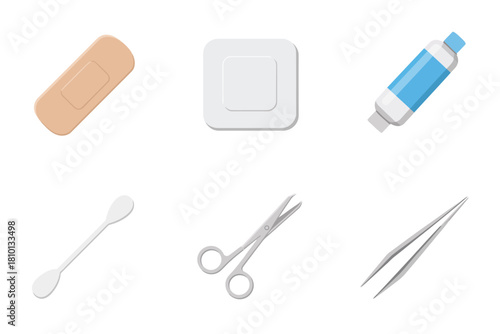 First aid tools icons, adhesive bandage, sterile gauze pad, antiseptic bottle, cotton swab, medical scissors, tweezers clip