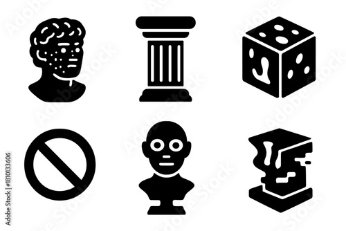 Surreal Meme Symbols. Solid style icons of surreal meme concepts: deep-fried statue head, overly saturated meme pillar, cursed